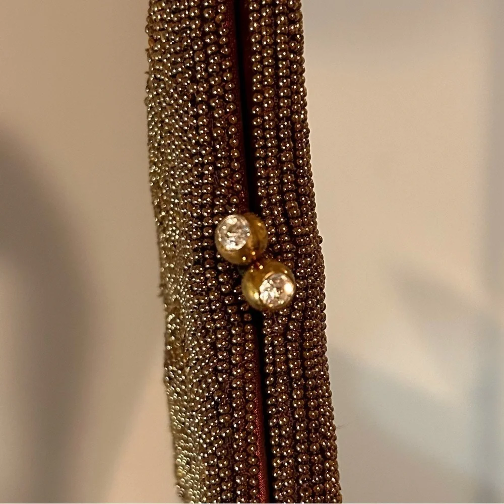 COPY - Gently Used BLOOMINGDALE’S Rust Colored Beaded Clutch W/Rhinestone/Gold … - Picture 3 of 4